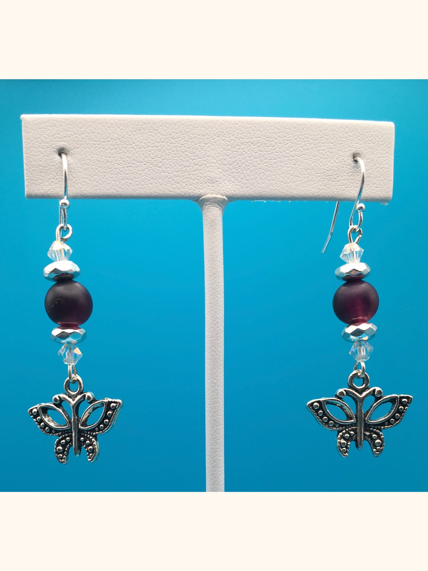 Purple Agate Hematite Czech Crystal Butterfly Charm Earrings