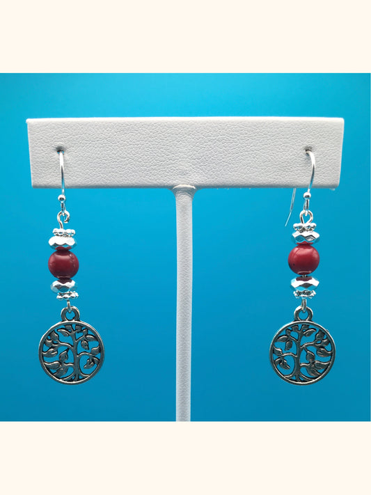 Red Bamboo Coral Hematite Tree Charm Earrings