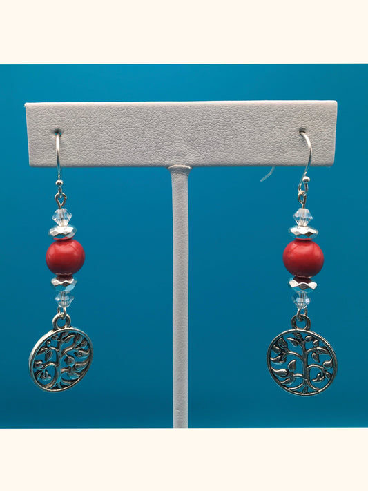 Red Dyed Jade Hematite Czech Crystal Tree Charm Earrings